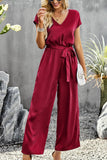 V NECK TIED WAIST SHORT SLEEVE WIDE JUMPSUIT - Doublju