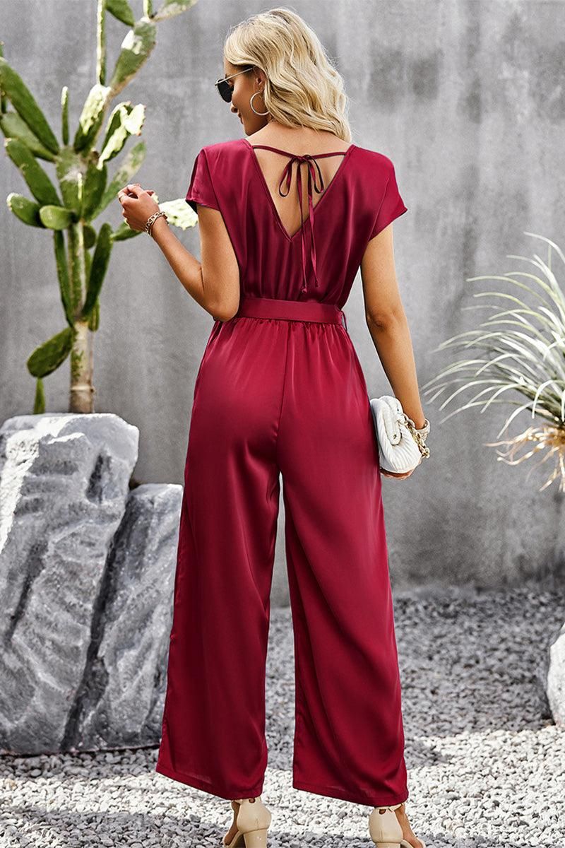 V NECK TIED WAIST SHORT SLEEVE WIDE JUMPSUIT - Doublju