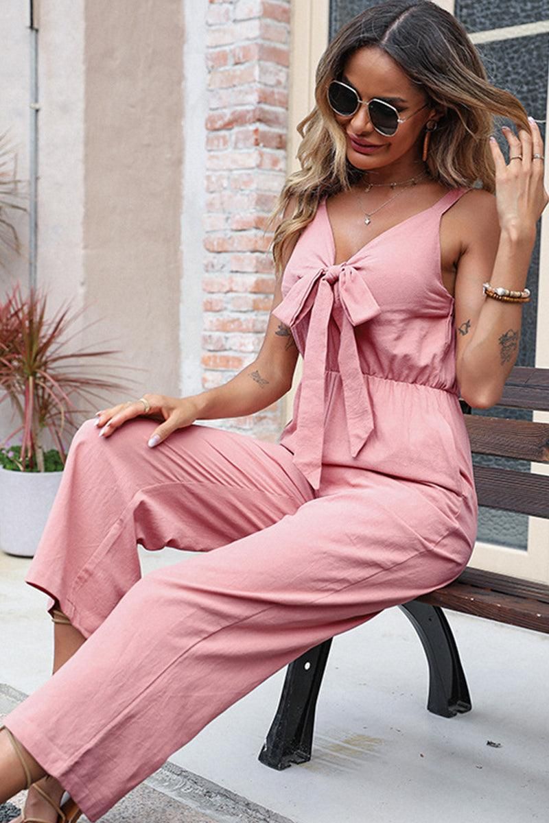 BIG RIBBON V NECK STRAIGHT LEG JUMPSUIT - Doublju