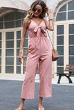 BIG RIBBON V NECK STRAIGHT LEG JUMPSUIT - Doublju