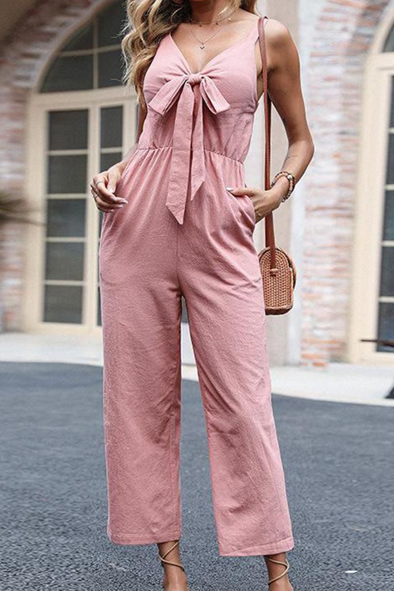 BIG RIBBON V NECK STRAIGHT LEG JUMPSUIT - Doublju