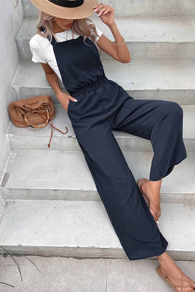 DRAWSTRING WAIST WOMEN JUMPSUIT WITH POCKETS - Doublju