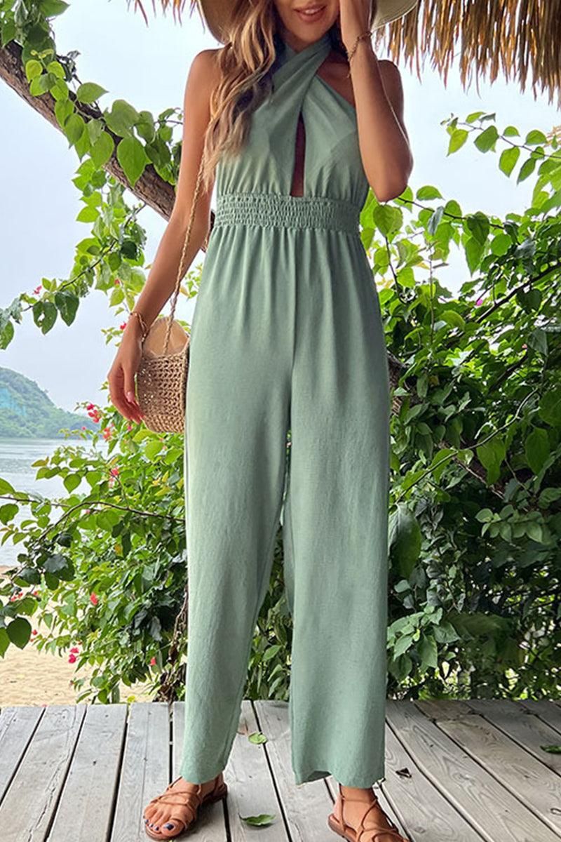 CROSS HALTER NECK TIGHTEN WAIST JUMPSUIT - Doublju