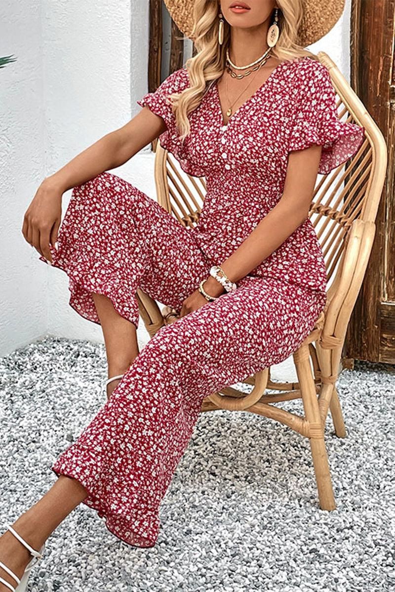 V NECK FLORAL CUT OUT BACK RUFFLE SLEEVE JUMPSUIT - Doublju