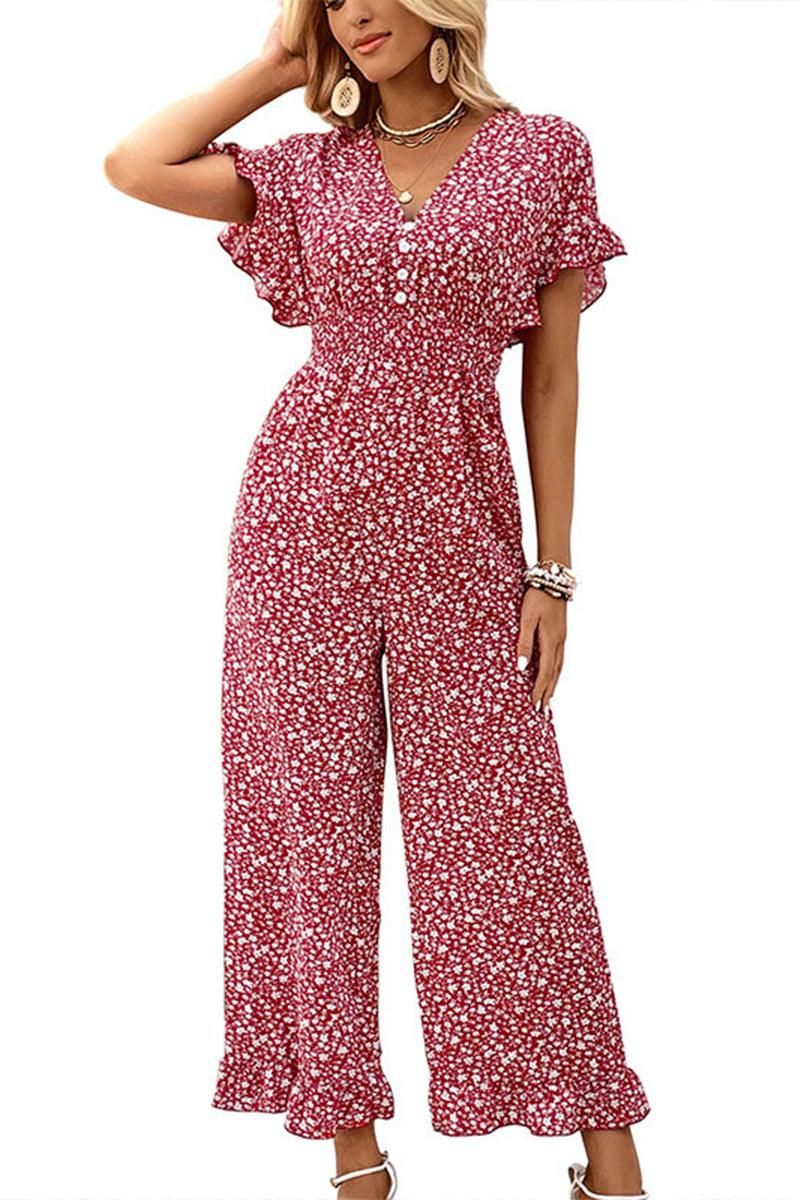 V NECK FLORAL CUT OUT BACK RUFFLE SLEEVE JUMPSUIT - Doublju