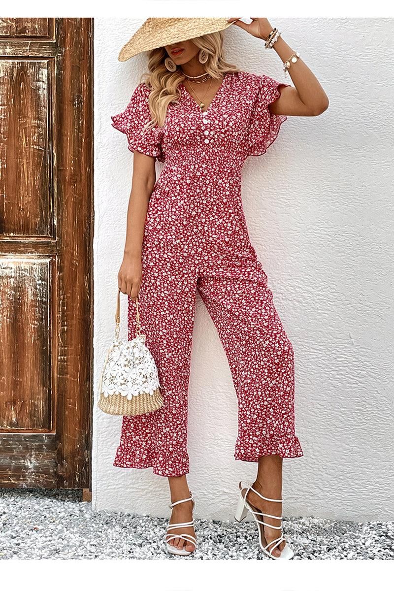 V NECK FLORAL CUT OUT BACK RUFFLE SLEEVE JUMPSUIT - Doublju