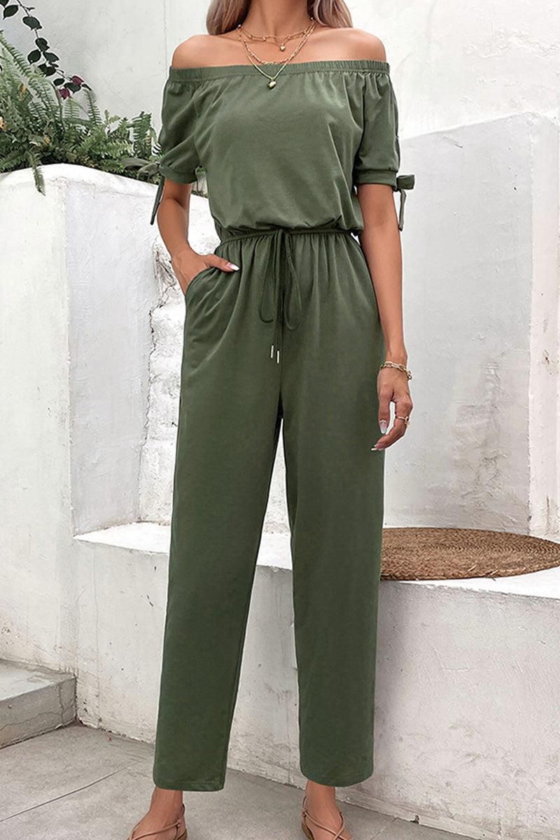 WOMEN OFF SHOULDER WAIST DRAWSTRING JUMPSUIT - Doublju