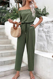 WOMEN OFF SHOULDER WAIST DRAWSTRING JUMPSUIT - Doublju