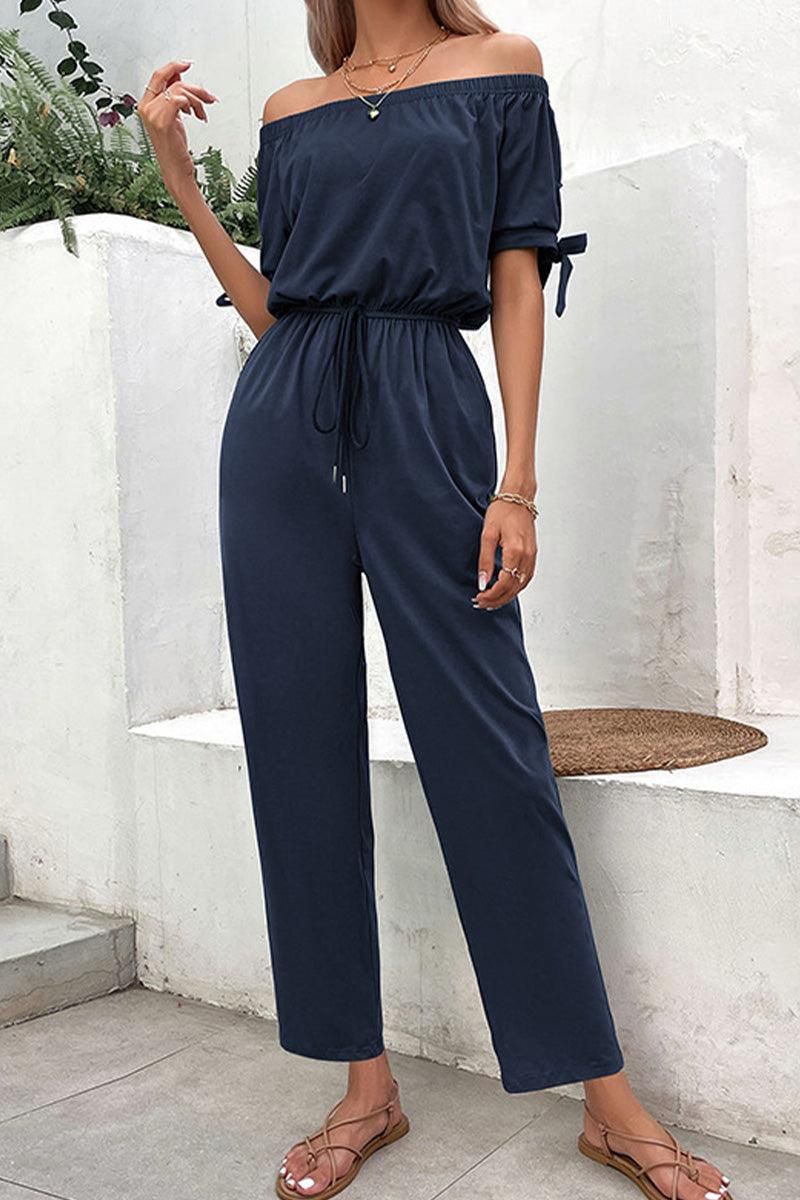 WOMEN OFF SHOULDER WAIST DRAWSTRING JUMPSUIT - Doublju