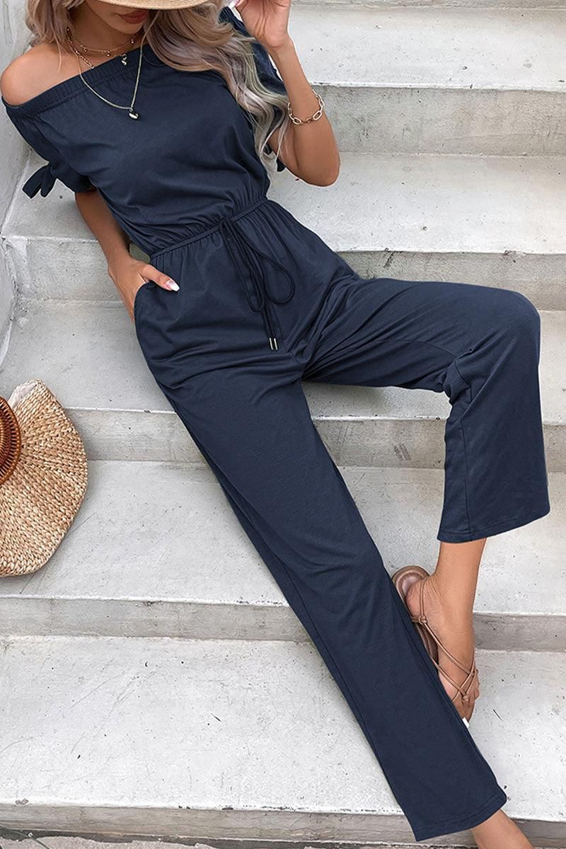 WOMEN OFF SHOULDER WAIST DRAWSTRING JUMPSUIT - Doublju