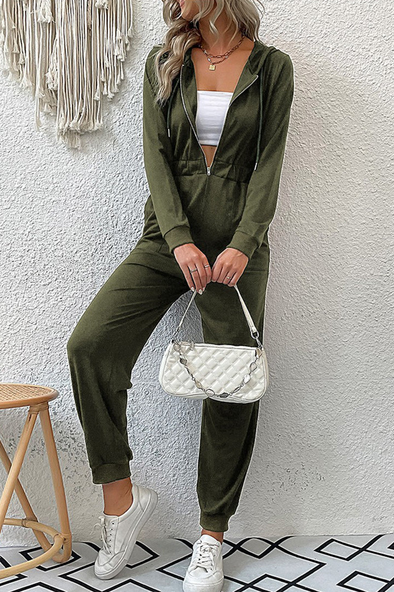 WOMEN ELASTIC HIGH WAIST ZIP UP LONG JUMPSUIT