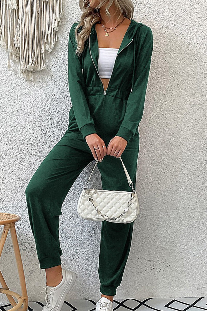 WOMEN ELASTIC HIGH WAIST ZIP UP LONG JUMPSUIT