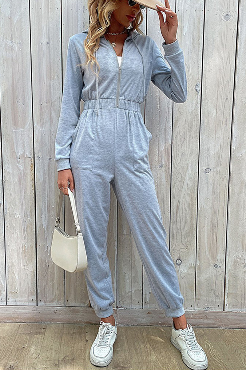 WOMEN ELASTIC HIGH WAIST ZIP UP LONG JUMPSUIT