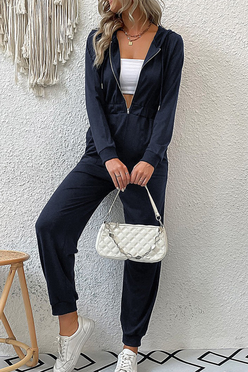 WOMEN ELASTIC HIGH WAIST ZIP UP LONG JUMPSUIT