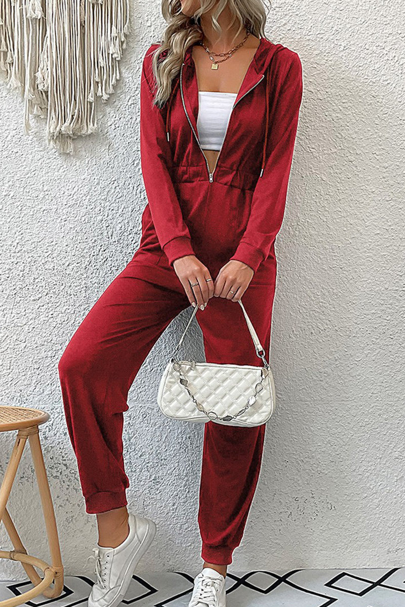 WOMEN ELASTIC HIGH WAIST ZIP UP LONG JUMPSUIT