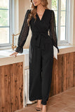 WOMEN LACE TRIM LONG SLEEVE WRAP STYLE JUMPSUIT