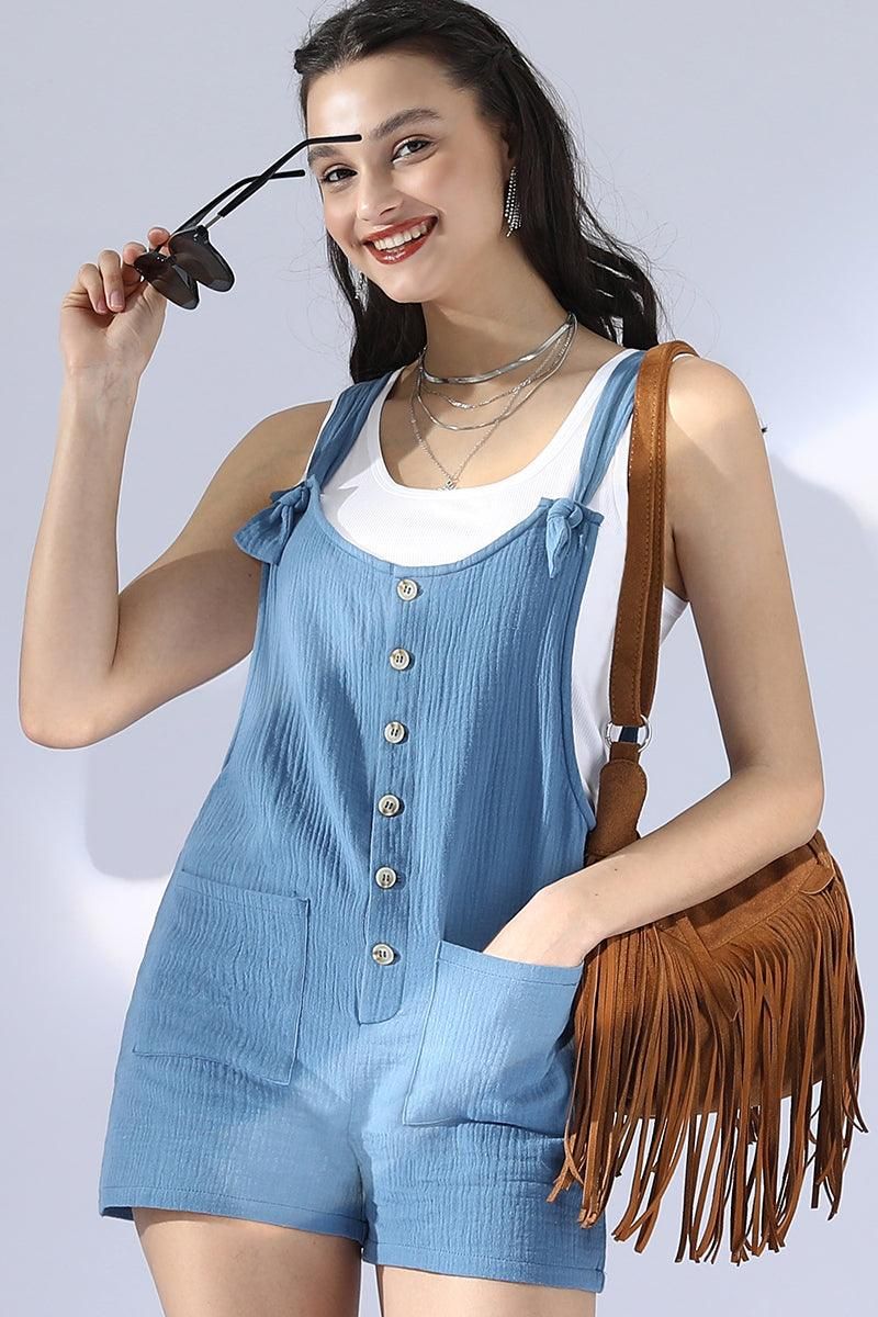 SHOLUDER BOW TIE SHORT JUMPSUIT ROMPER - Doublju