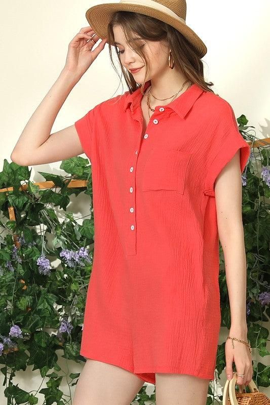 JOHNNY COLLARS BUTTON CLOSER SHORT JUMPSUIT ROMPER - Doublju