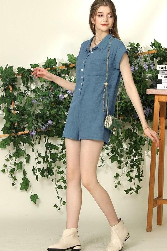 JOHNNY COLLARS BUTTON CLOSER SHORT JUMPSUIT ROMPER - Doublju