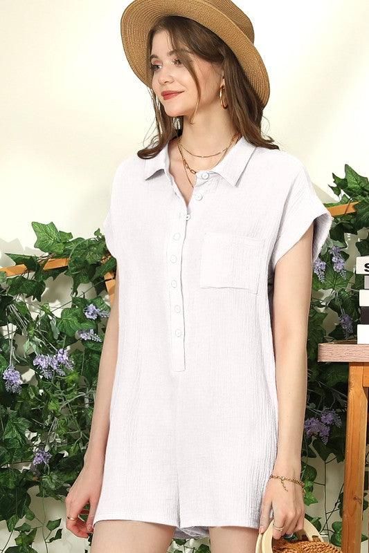 JOHNNY COLLARS BUTTON CLOSER SHORT JUMPSUIT ROMPER - Doublju