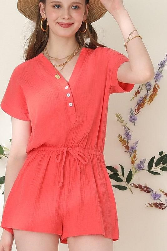 HENLEY NECK SHORT SLEEVE JUMPSUIT ROMPER - Doublju