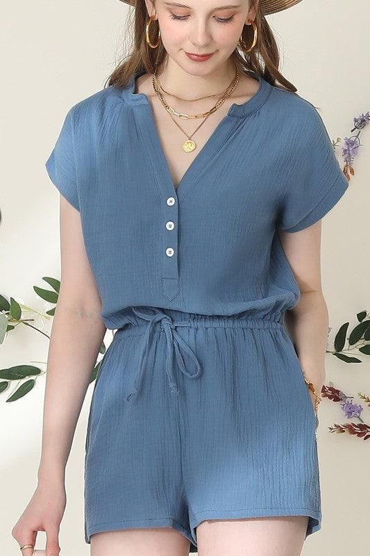 HENLEY NECK SHORT SLEEVE JUMPSUIT ROMPER - Doublju