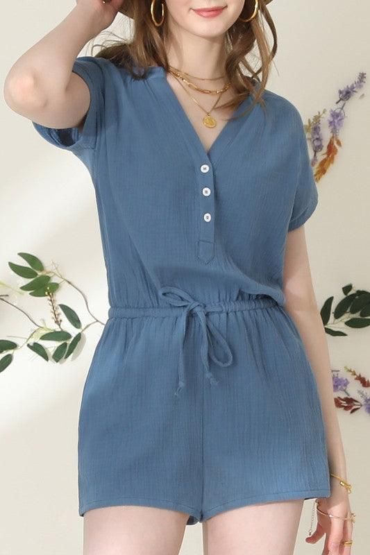 HENLEY NECK SHORT SLEEVE JUMPSUIT ROMPER - Doublju