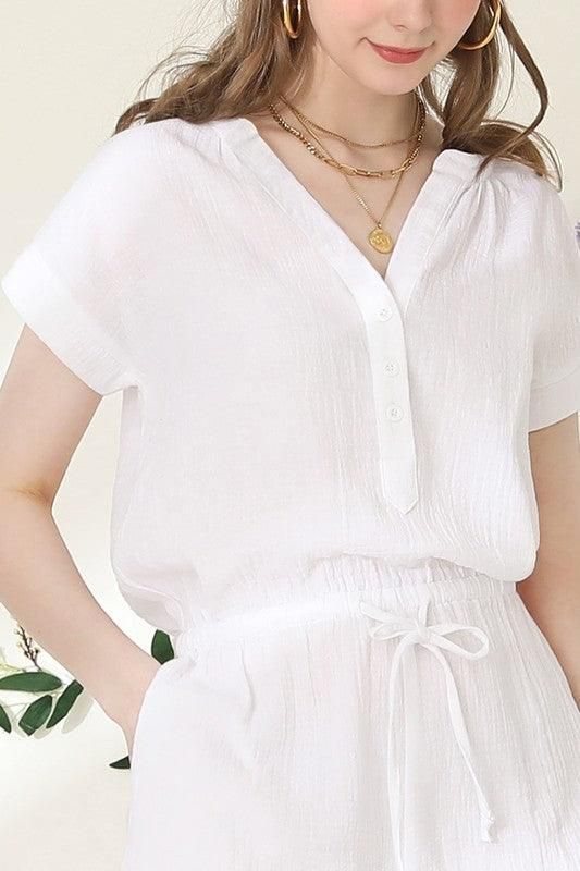 HENLEY NECK SHORT SLEEVE JUMPSUIT ROMPER - Doublju