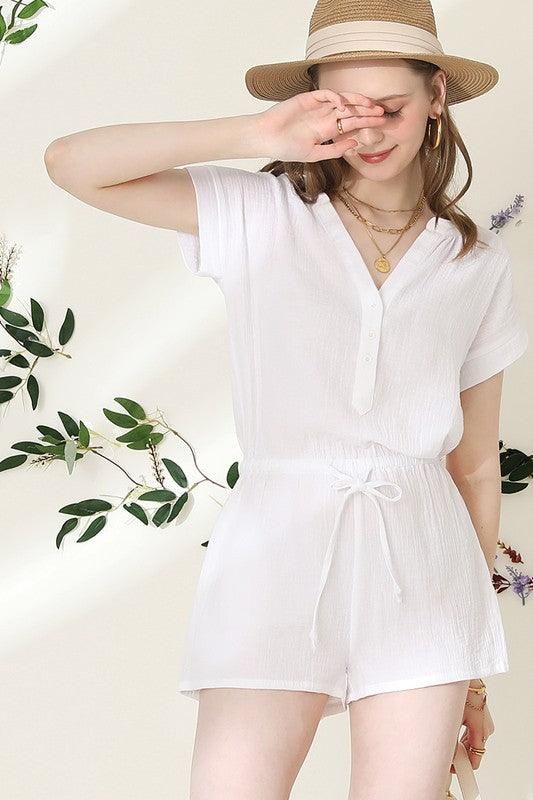 HENLEY NECK SHORT SLEEVE JUMPSUIT ROMPER - Doublju