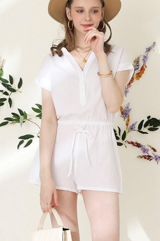 HENLEY NECK SHORT SLEEVE JUMPSUIT ROMPER - Doublju