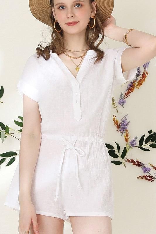 HENLEY NECK SHORT SLEEVE JUMPSUIT ROMPER - Doublju