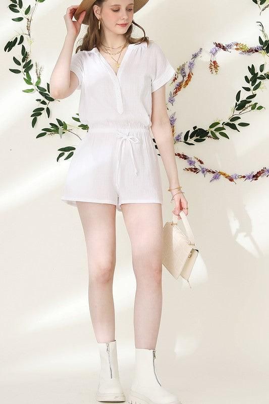 HENLEY NECK SHORT SLEEVE JUMPSUIT ROMPER - Doublju