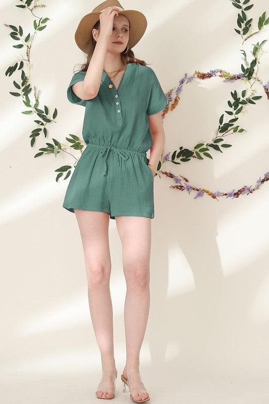 HENLEY NECK SHORT SLEEVE JUMPSUIT ROMPER - Doublju