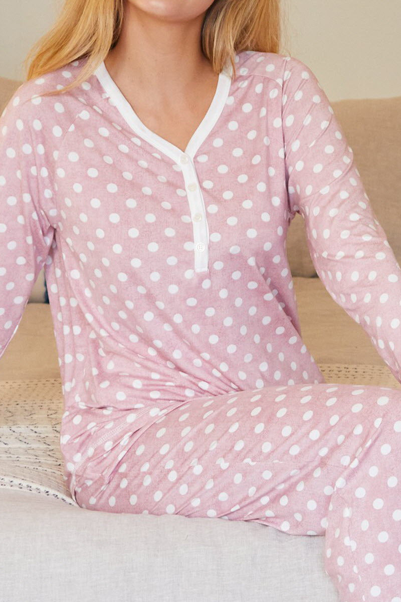 WOMENS LONG SLEEVE V-NECK BUTTON NECKLINE AND LONG PANTS PAJAMAS SET