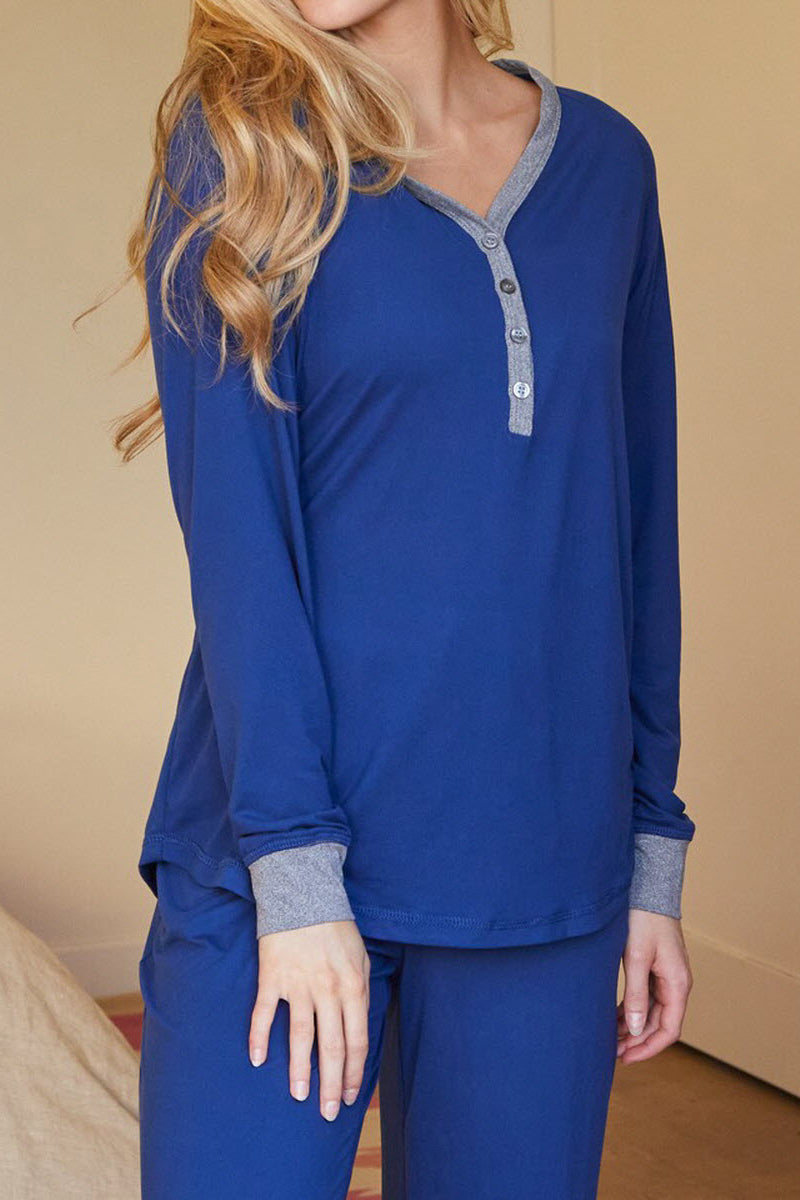 WOMENS LONG SLEEVE V-NECK BUTTON NECKLINE AND LONG PANTS PAJAMAS SET