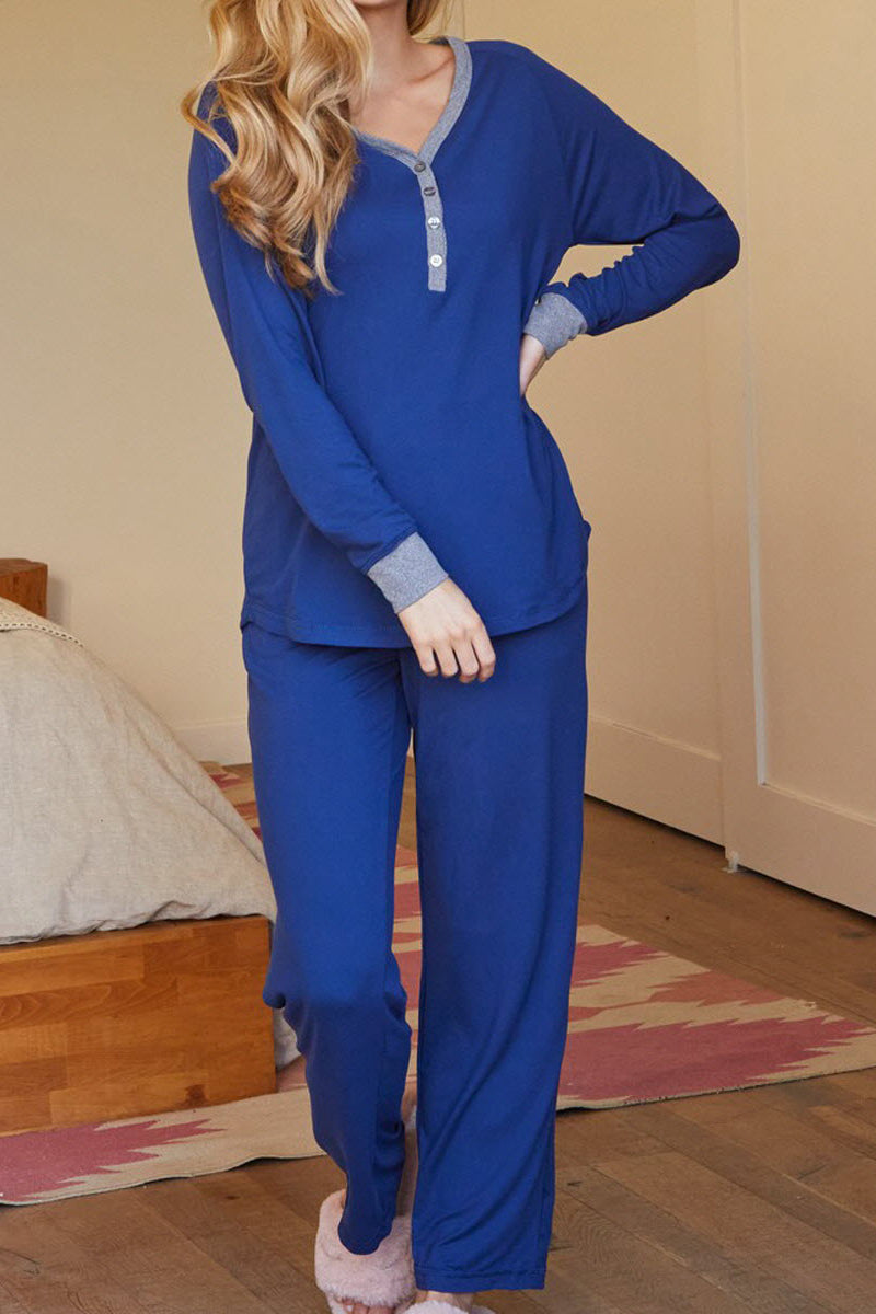 WOMENS LONG SLEEVE V-NECK BUTTON NECKLINE AND LONG PANTS PAJAMAS SET