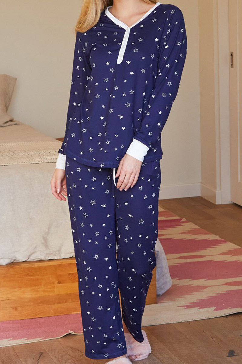 WOMENS LONG SLEEVE V-NECK BUTTON NECKLINE AND LONG PANTS PAJAMAS SET