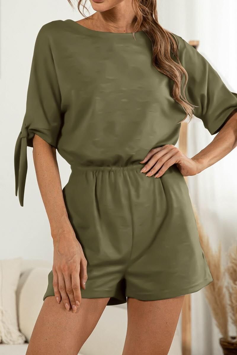 SLEEVE SLIT SOLID COLOR LACE CASUAL JUMPSUIT - Doublju