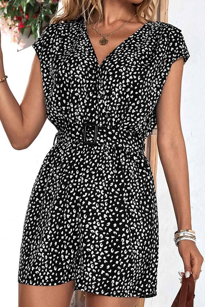 PRINT V NECK BUCKLE BELT ROMPER - Doublju