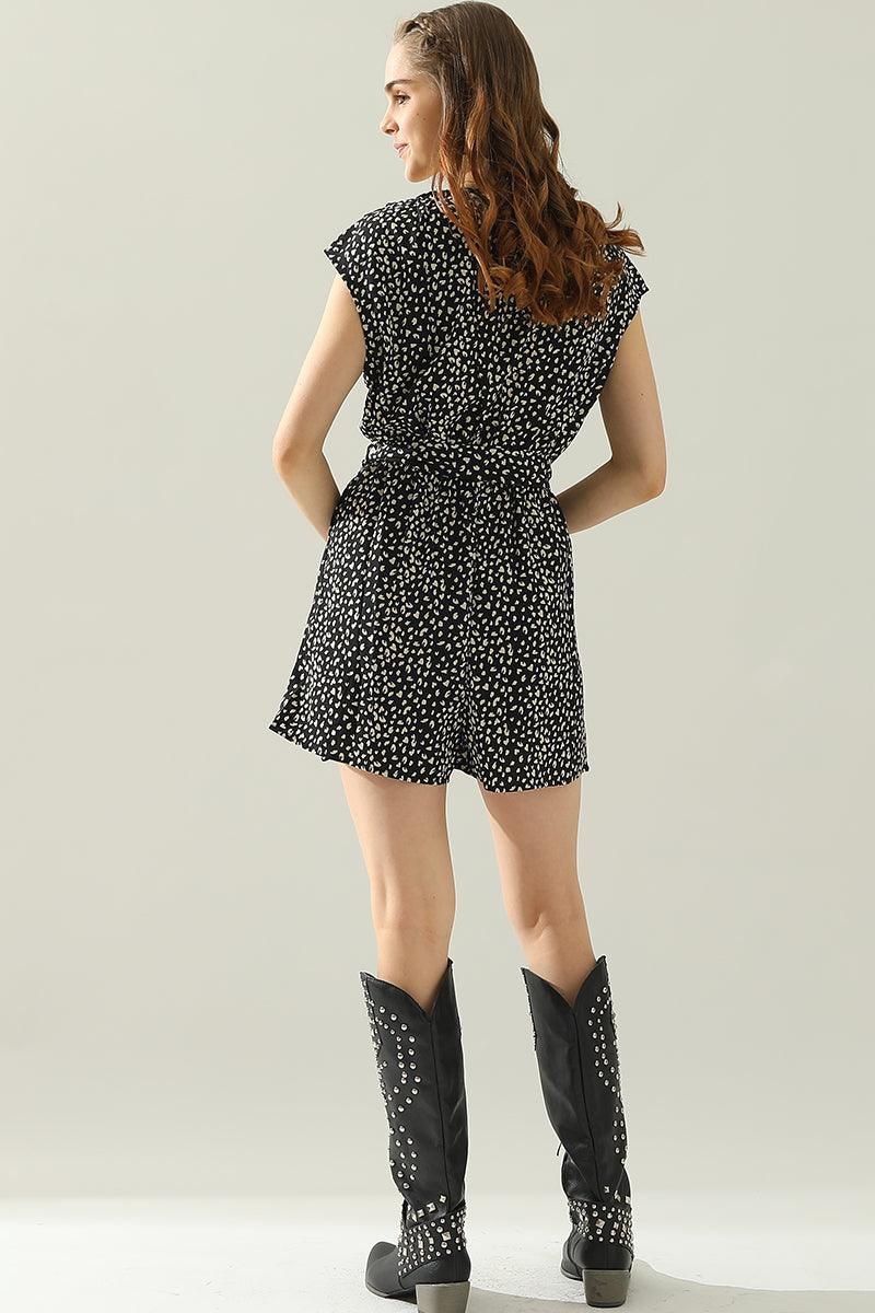 PRINT V NECK BUCKLE BELT ROMPER - Doublju