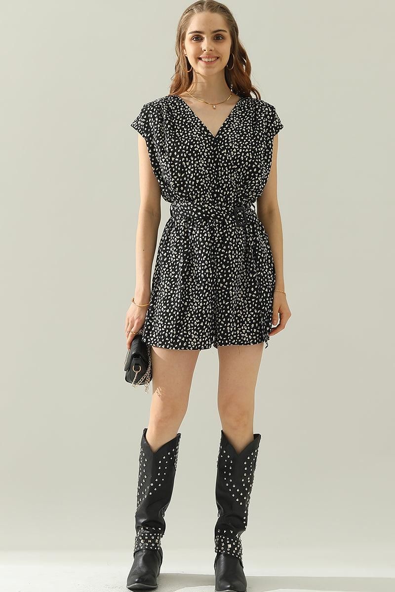 PRINT V NECK BUCKLE BELT ROMPER - Doublju