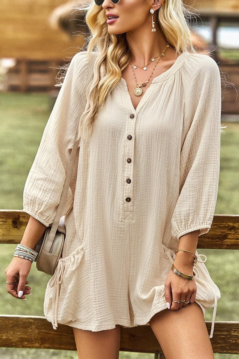 BUTTON UP DRAW STRING POCKET LONGSLEEVE JUMPSUIT - Doublju