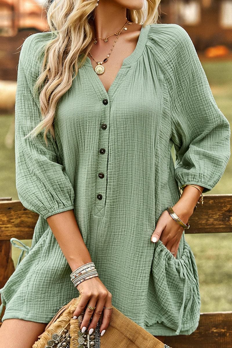 BUTTON UP DRAW STRING POCKET LONGSLEEVE JUMPSUIT - Doublju