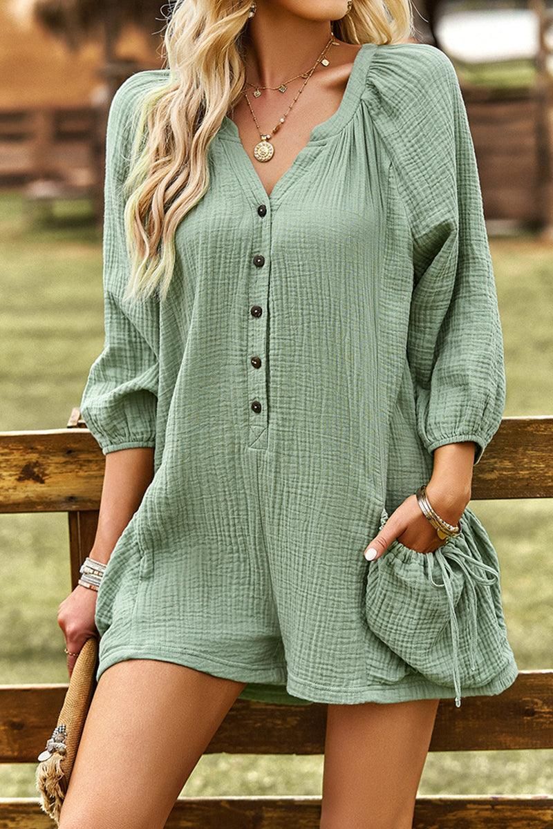 BUTTON UP DRAW STRING POCKET LONGSLEEVE JUMPSUIT - Doublju