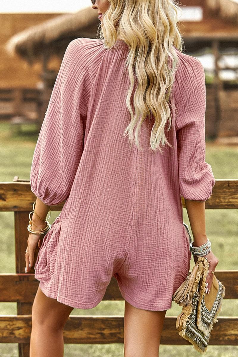 BUTTON UP DRAW STRING POCKET LONGSLEEVE JUMPSUIT - Doublju