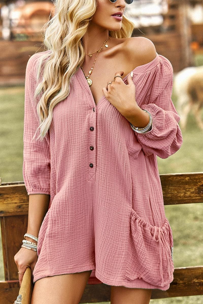 BUTTON UP DRAW STRING POCKET LONGSLEEVE JUMPSUIT - Doublju