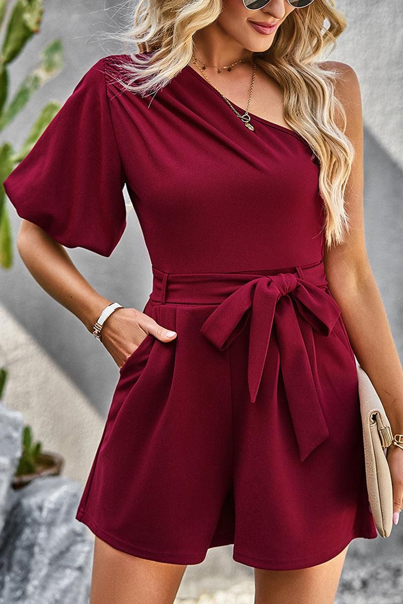 HALF OFF SHOULDER TIED WAIST ROMPER - Doublju