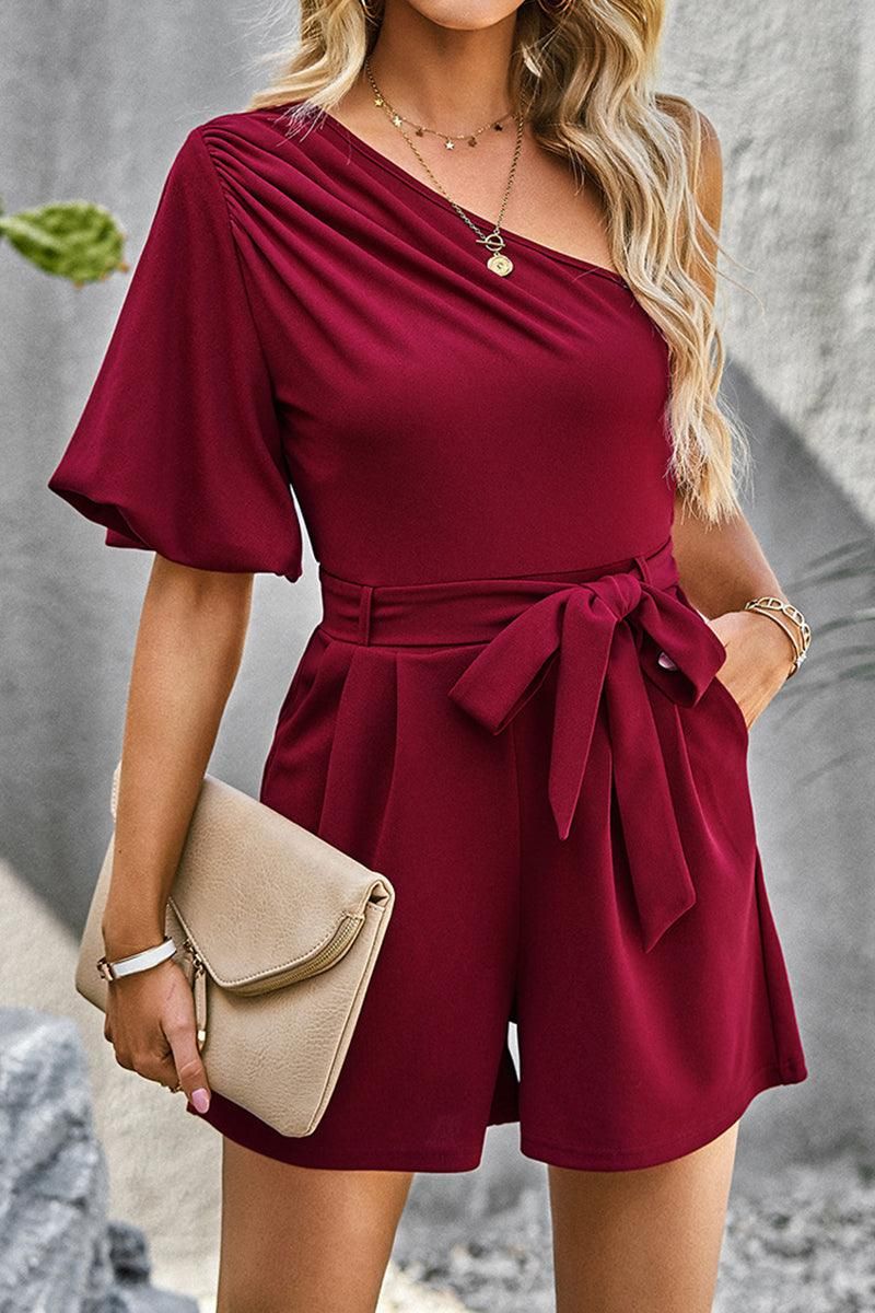 HALF OFF SHOULDER TIED WAIST ROMPER - Doublju