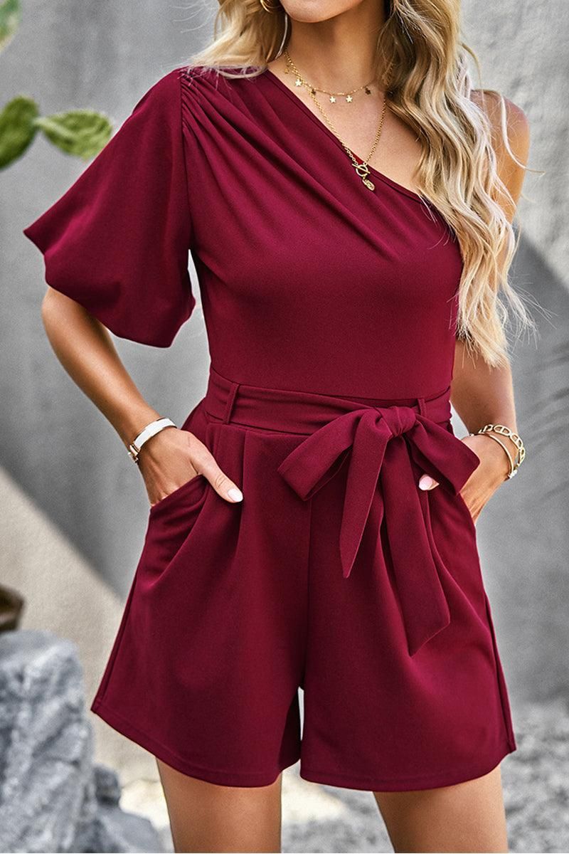 HALF OFF SHOULDER TIED WAIST ROMPER - Doublju