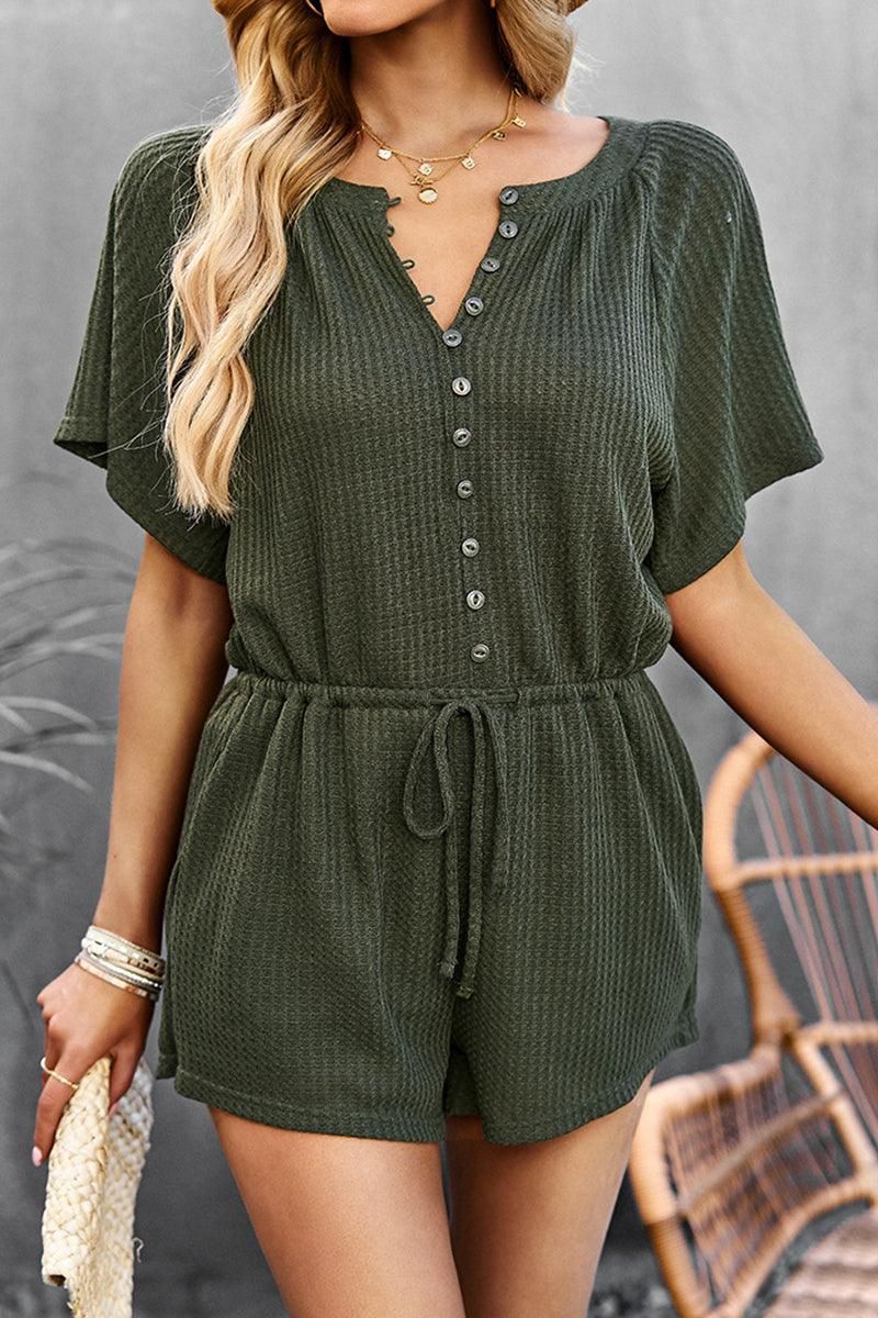 BUTTON UP TIED WAIST ROMPER - Doublju